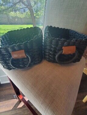 La Jolie Muse, Black Woven Baskets, set of 2, 10x8x4.